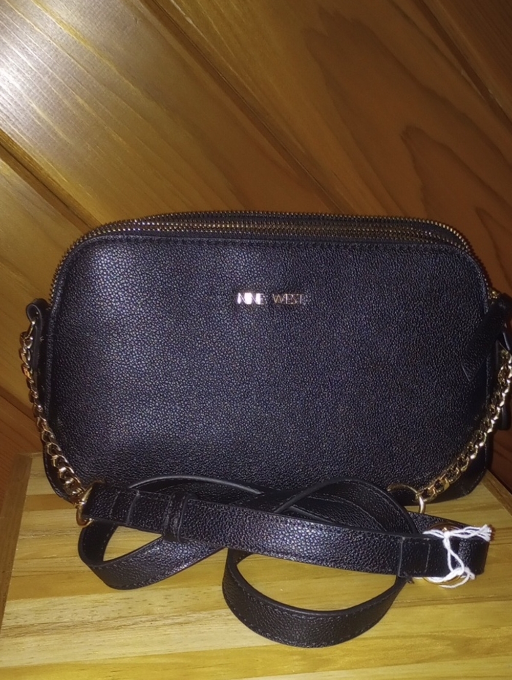 Nine West Black Pebbled Crossbody with Gold Chain Accent